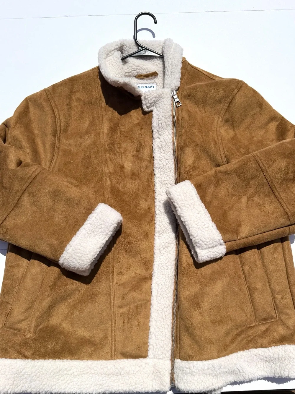Old Navy Men’s Camel Faux Suede Bomber Jacket with White Sherpa